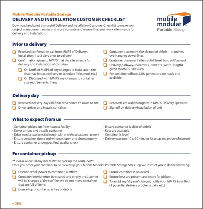 Delivery and Installation Customer Checklist