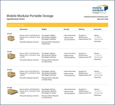 Mobile Modular Portable Storage Specification Sheet