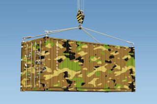 Military container hanging on the crane hook