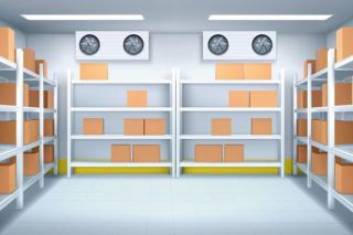 Interior of a shipping container warehouse with dehumidifier and storage racks